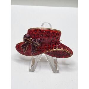 Red Rhinestone Red Hat Society Brooch Pendant Gold Tone with Bow 2.25" x 1 1/8"